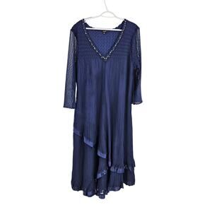 Komarov Dress Blue Chiffon Charmeuse Beaded V-neck 3/4 Sleeve Layered Maxi Sz 2X
